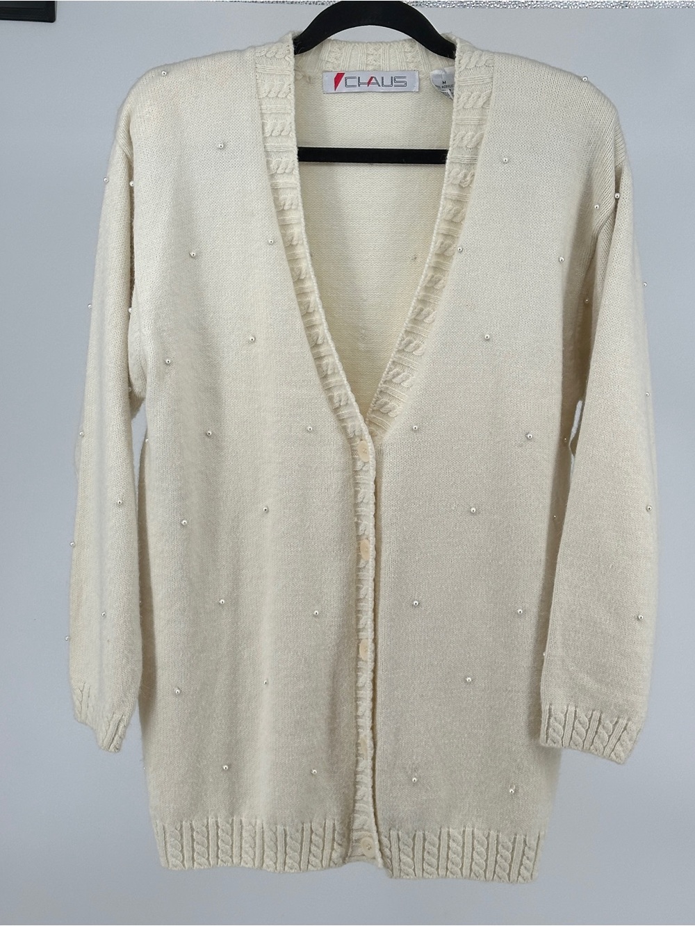 Vintage 80ās Womenās Medium Chausā Cream Pearl-Embellished Open Cardigan Classic